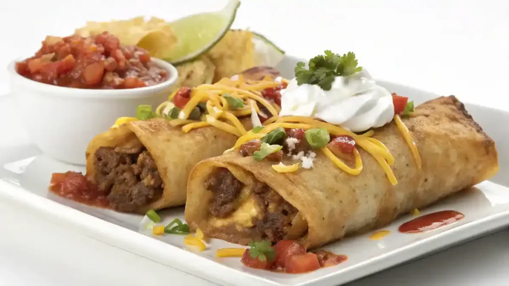 Delicious Beef and Cheese Chimichangas served with toppings.