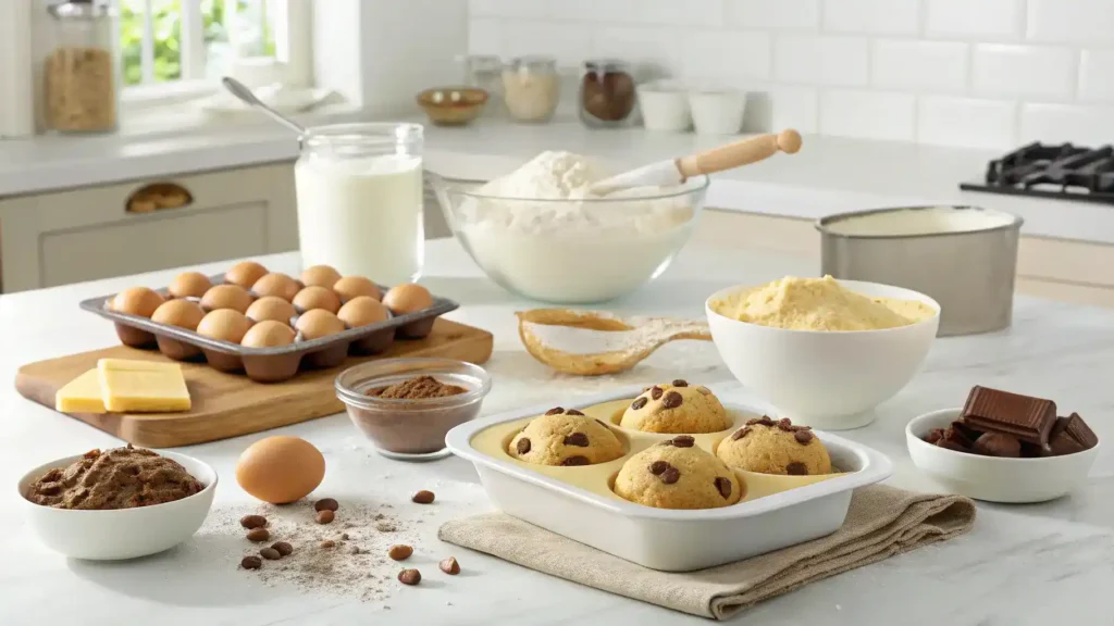 Step-by-step process of making Cookie Dough Nutella Brioche, showing ingredients like flour, Nutella, and cookie dough.