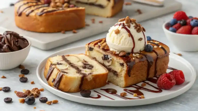 Serving suggestions for Cookie Dough Nutella Brioche, including ice cream and toppings.