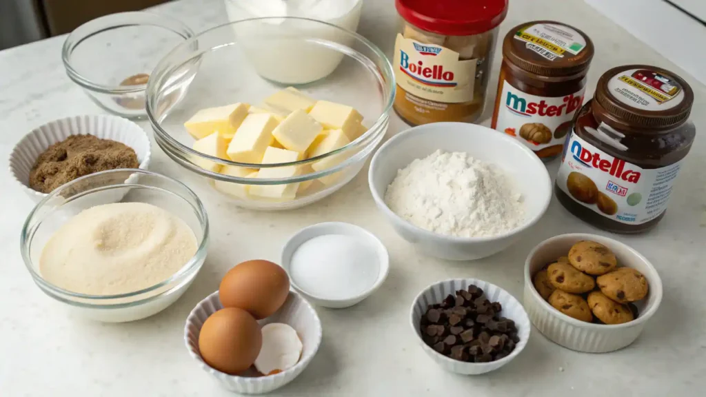 Ingredients for Cookie Dough Nutella Brioche including flour, sugar, yeast, Nutella, and cookie dough.