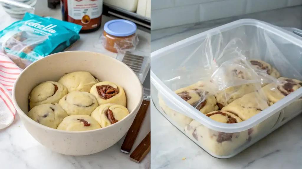 Storage methods for Cookie Dough Nutella Brioche, including wrapping and freezing techniques.
