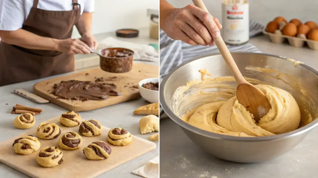 Ingredients for Cookie Dough Nutella Brioche including flour, sugar, yeast, Nutella, and cookie dough.