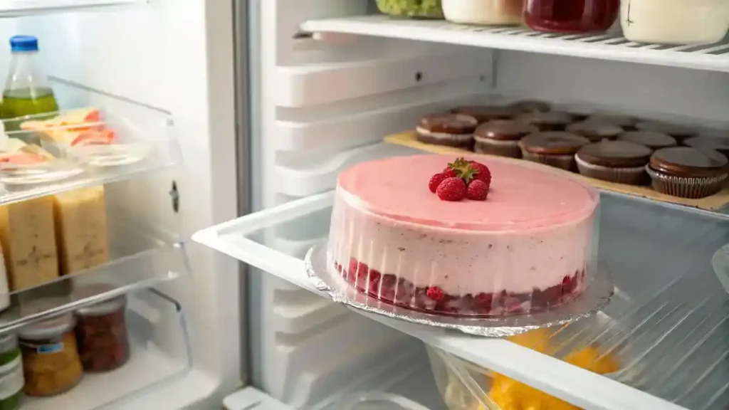 A pink velvet raspberry cheesecake stored in the refrigerator.
