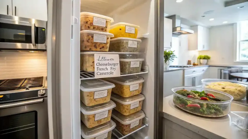 Leftover cheeseburger french fry casserole stored in the refrigerator.