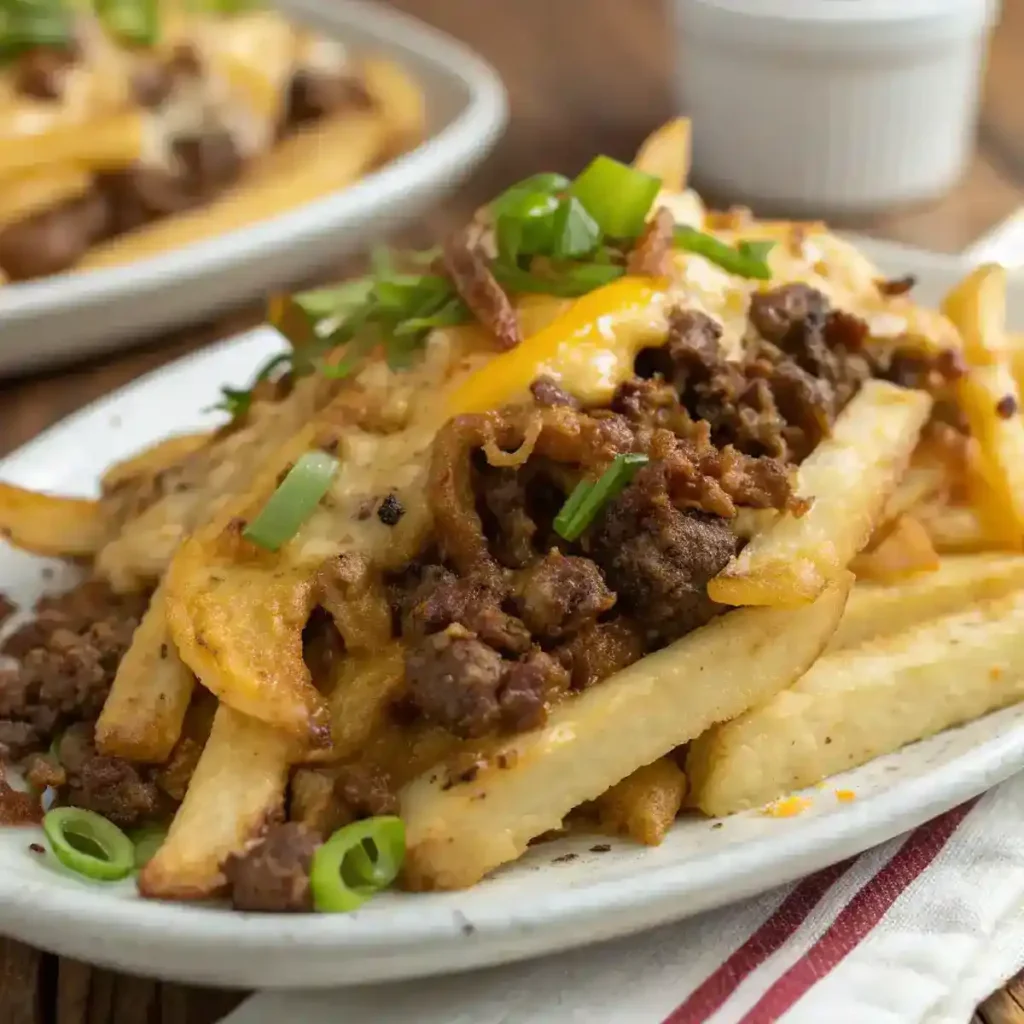 A serving of cheeseburger french fry casserole on a plate.