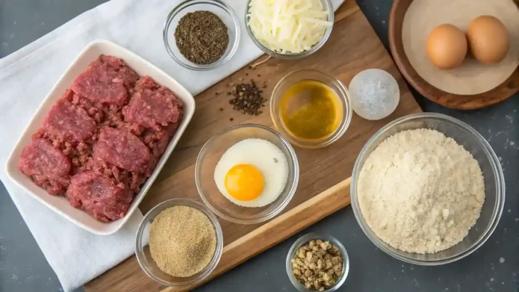 Ingredients for crockpot Salisbury steak meatballs laid out on a kitchen counter.