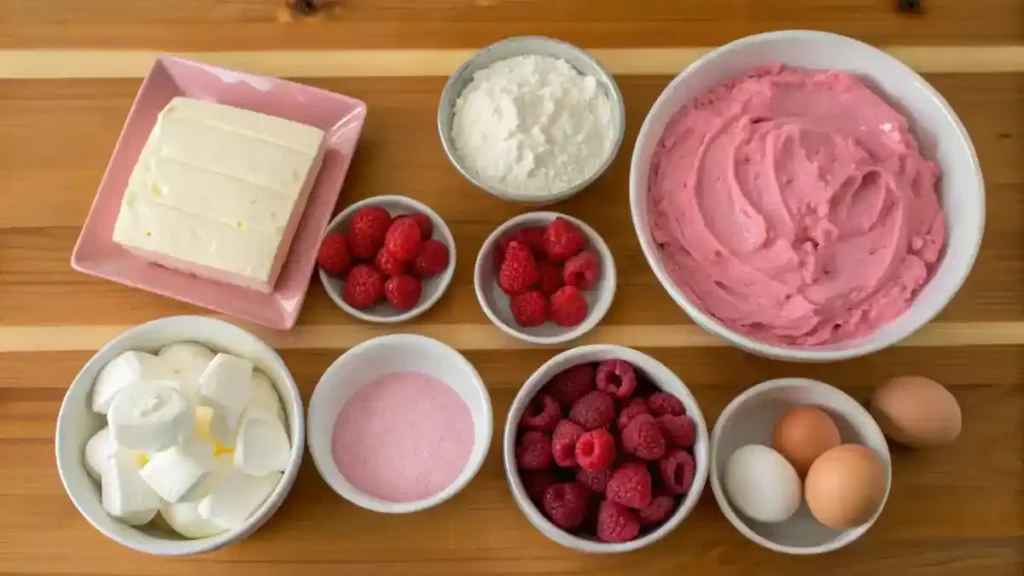 Ingredients for pink velvet raspberry cheesecake laid out on a countertop.