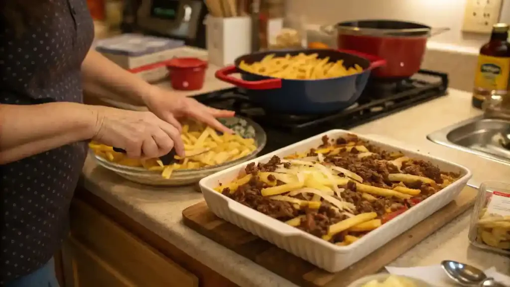 Preparing cheeseburger french fry casserole in the kitchen.