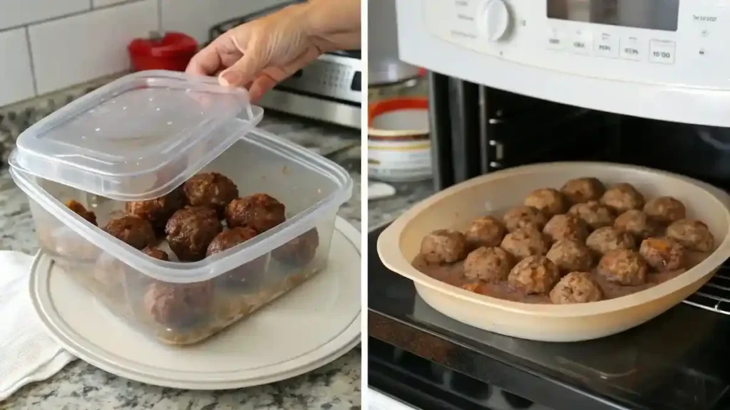 Storage and reheating instructions for crockpot Salisbury steak meatballs.