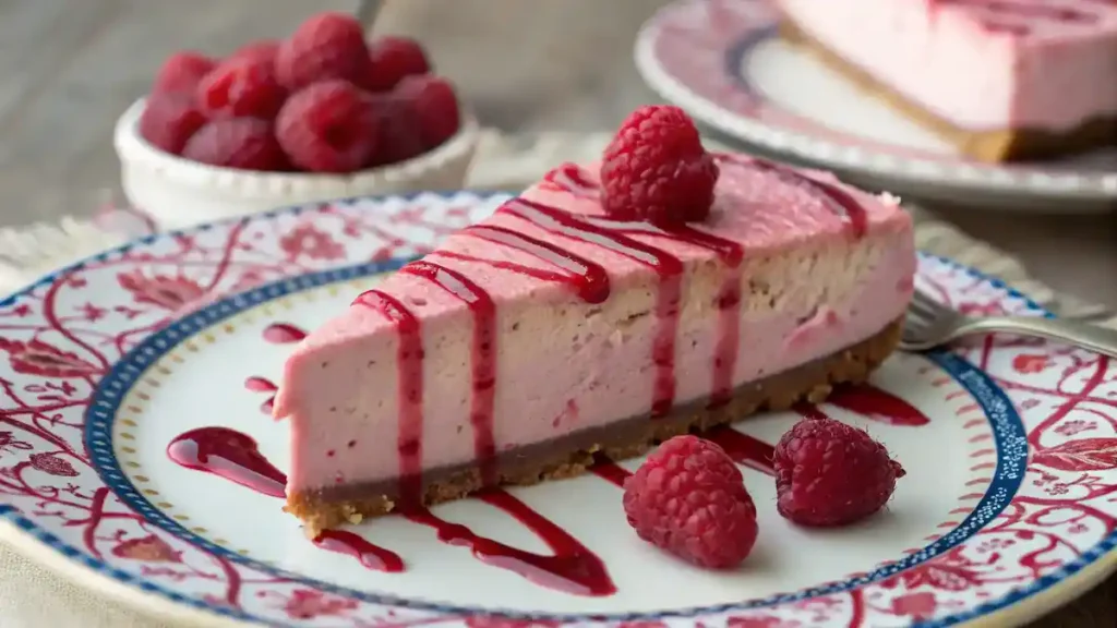 A slice of pink velvet raspberry cheesecake with raspberry sauce and fresh raspberries.