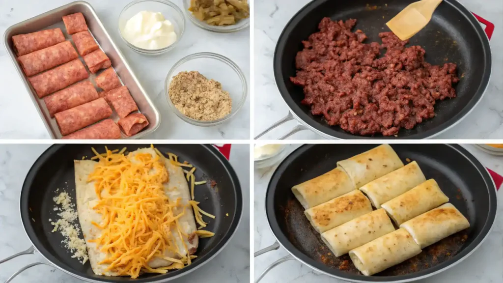Step-by-step process of making Beef and Cheese Chimichangas.
