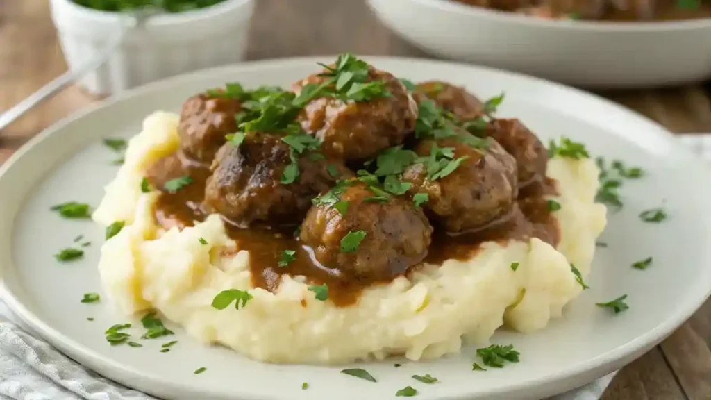 Crockpot Salisbury steak meatballs served over mashed potatoes.