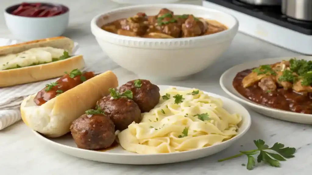 Different ways to serve crockpot Salisbury steak meatballs.