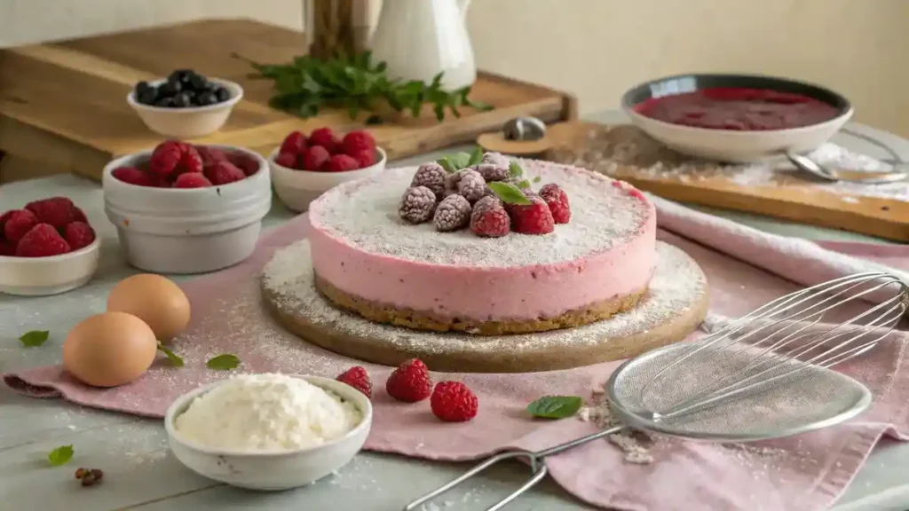 A kitchen scene featuring a pink velvet raspberry cheesecake and baking tools.