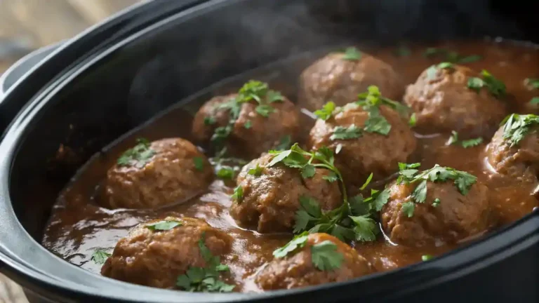Crockpot Salisbury steak meatballs in gravy with parsley garnish.