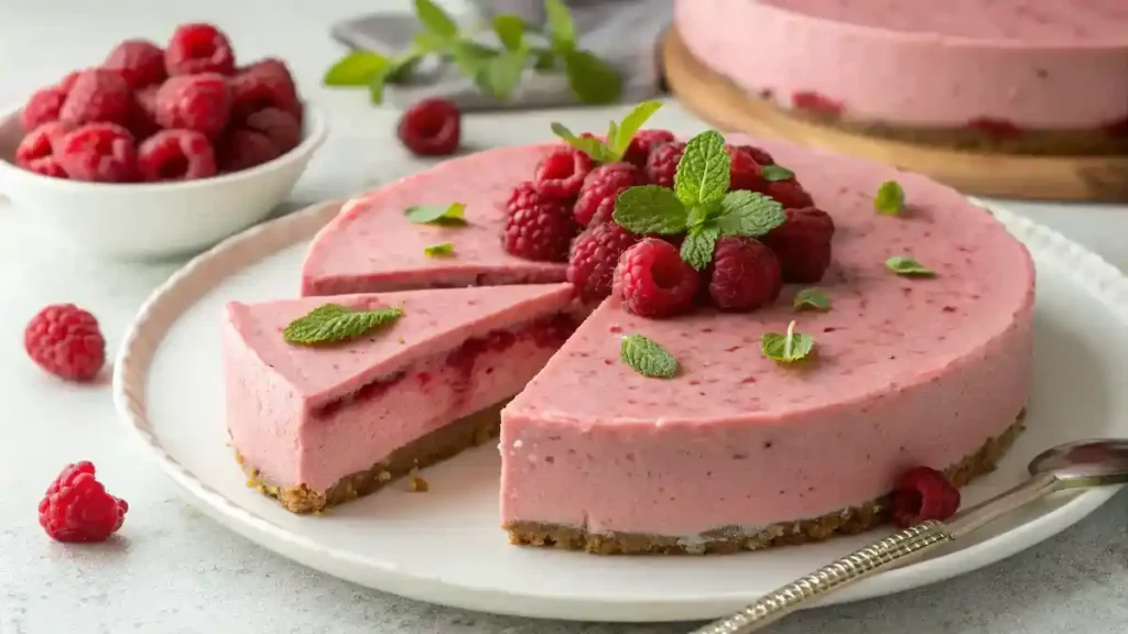 A pink velvet raspberry cheesecake with a slice removed, showcasing its creamy filling and vibrant color.