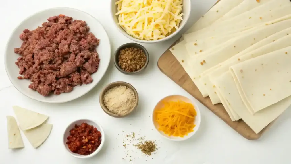 Ingredients for Beef and Cheese Chimichangas displayed on a kitchen counter.