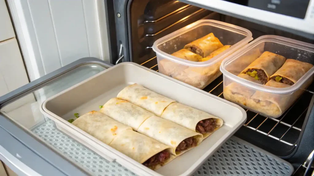Storage and reheating tips for Beef and Cheese Chimichangas.