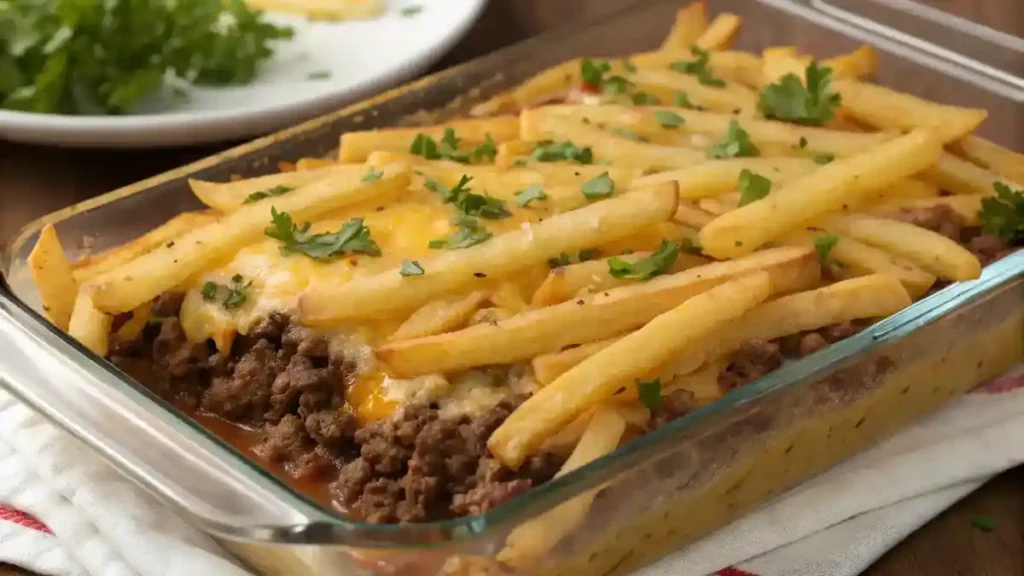 A delicious cheeseburger french fry casserole with layers of fries, beef, and cheese.