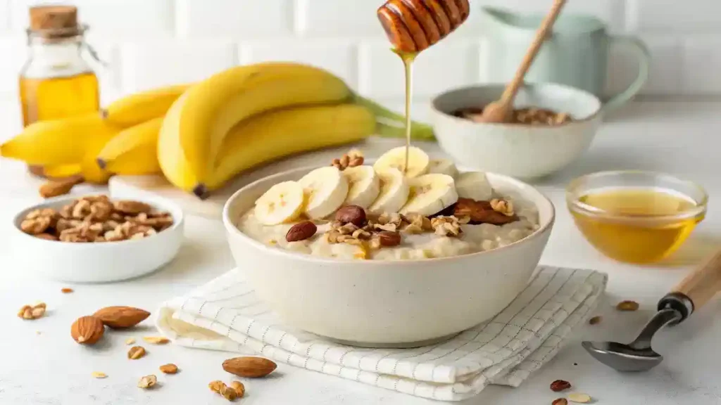 Create a vibrant and inviting image of a bowl of Banana Overnight Oats topped with sliced bananas, nuts, and a drizzle of honey, set against a bright kitchen background.