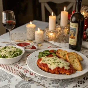 Romantic Italian dinner with chicken parmesan, salad, garlic bread, and red wine