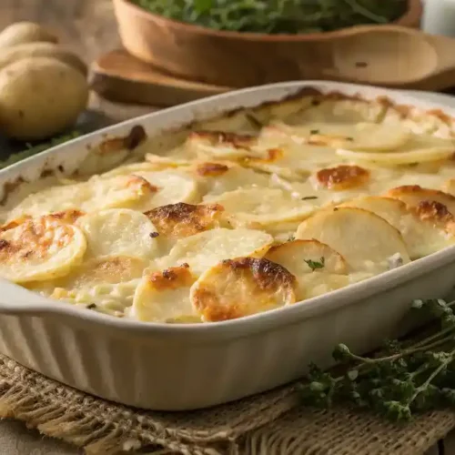 A delicious serving of cheesy scalloped potatoes supreme, golden and bubbling, ready to be enjoyed.