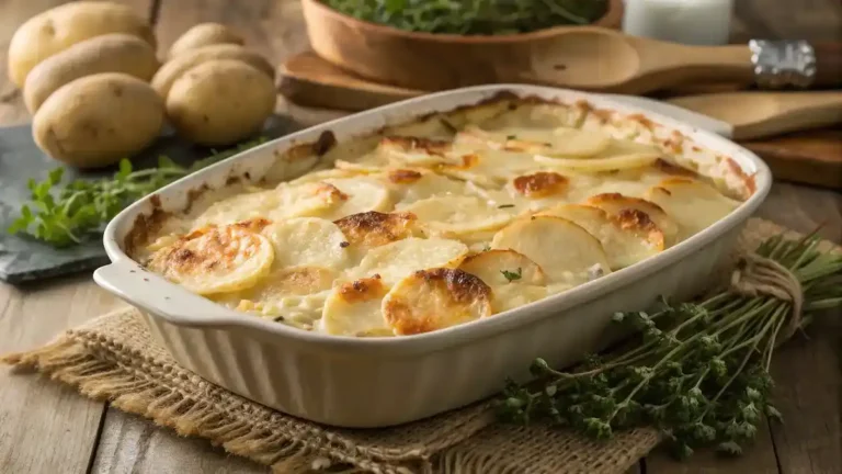 A delicious serving of cheesy scalloped potatoes supreme, golden and bubbling, ready to be enjoyed.