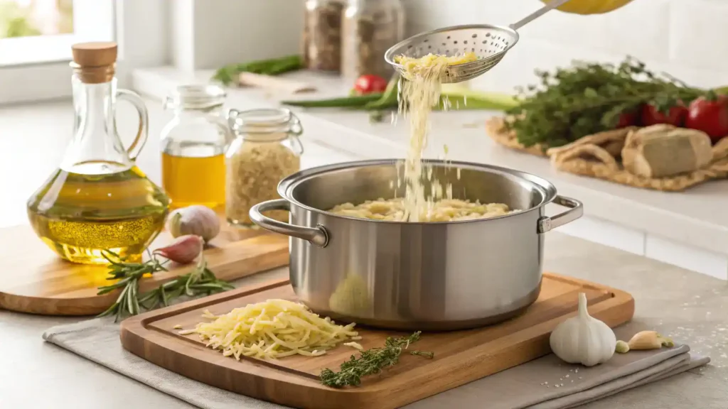 Cooking gluten-free orzo pasta with garlic and herbs