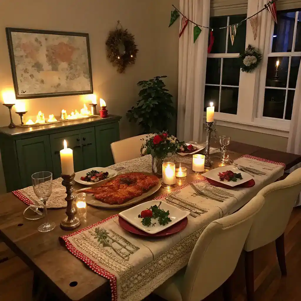 A cozy dining room set up for Chicken Parmesan night with candles and Italian decor.