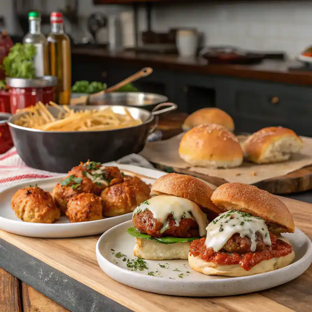 A variety of Chicken Parmesan dishes including meatballs, sliders, and baked versions, beautifully presented.