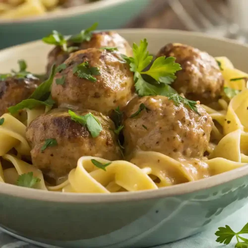 A bowl of Crock Pot Swedish Meatballs served over egg noodles with parsley garnish.