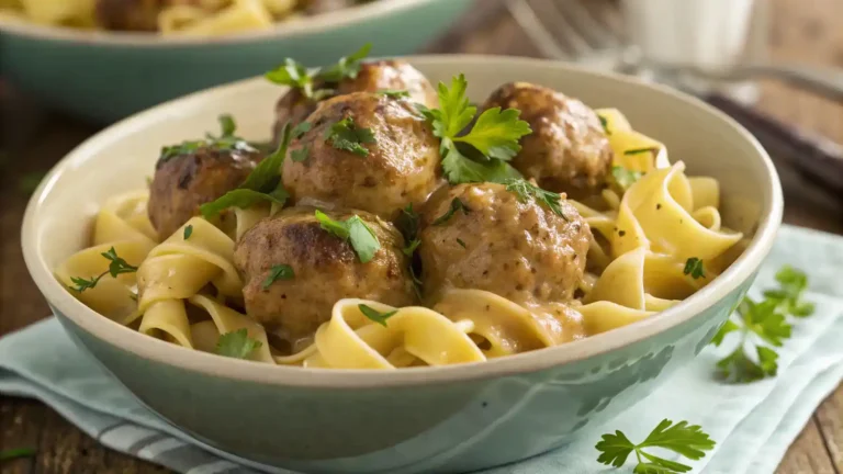 A bowl of Crock Pot Swedish Meatballs served over egg noodles with parsley garnish.