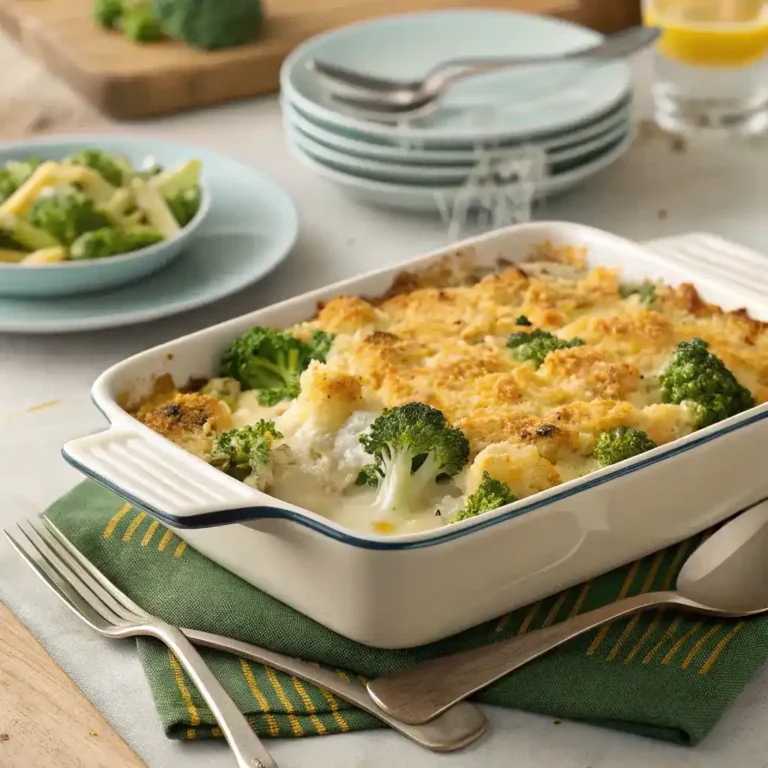 A golden and bubbly broccoli chicken cheese casserole served in a dish.