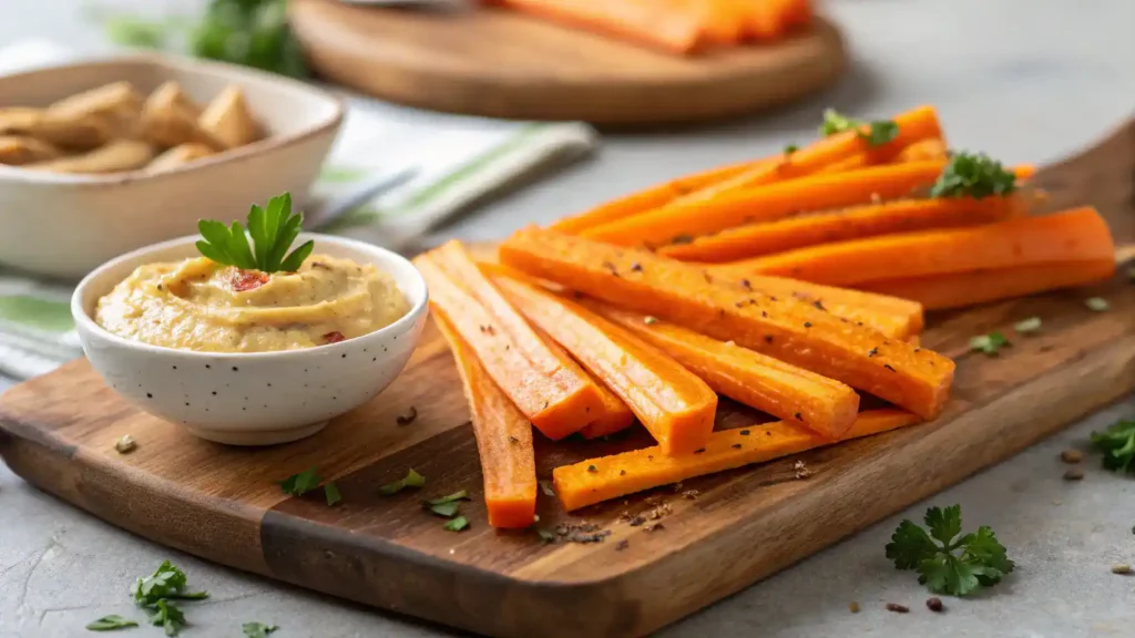 Freshly made carrot sticks with hummus