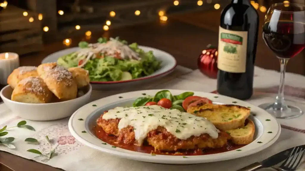 A dining table set for Chicken Parmesan night, showcasing Chicken Parmesan, garlic bread, Caesar salad, and a bottle of red wine.