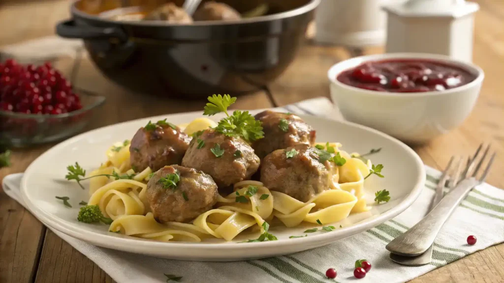 Crock Pot Swedish Meatballs served over egg noodles