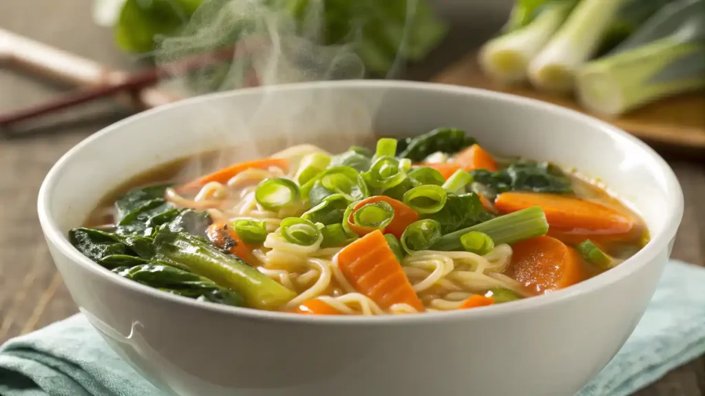 A steaming bowl of Hello Fresh ramen with colorful vegetables and green onions.