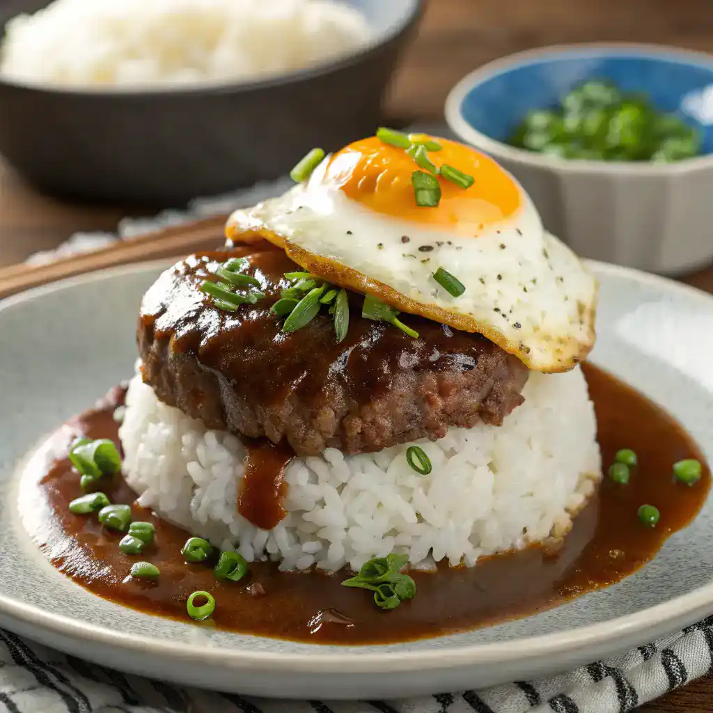 A plate of Loco Moco featuring rice, a beef patty, a fried egg, and gravy.