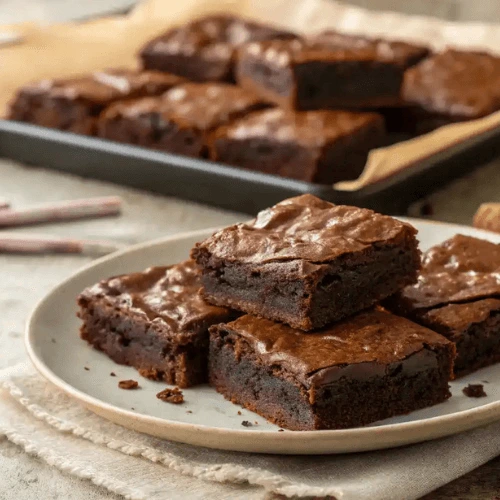 Freshly baked Lunchroom Ladies Brownies served on a plate with a glass of milk.