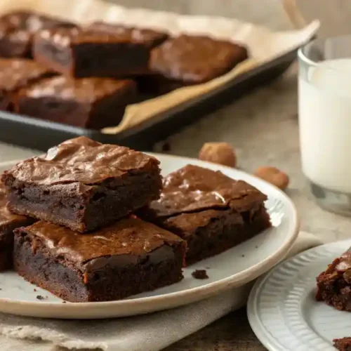 Freshly baked Lunchroom Ladies Brownies served on a plate with a glass of milk.