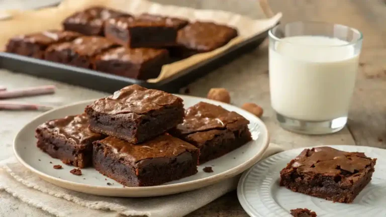 Freshly baked Lunchroom Ladies Brownies served on a plate with a glass of milk.