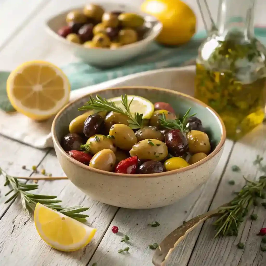 A bowl of marinated olives garnished with herbs and lemon slices, served as a snack.