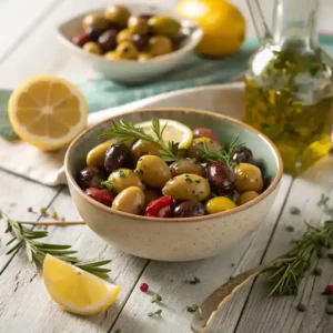 A bowl of marinated olives garnished with herbs and lemon slices, served as a snack.