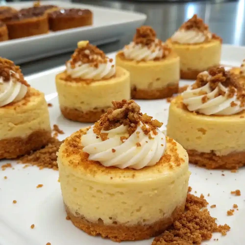 Create a vibrant and enticing image of finished Mini Biscoff Cheesecakes, beautifully plated and garnished with Biscoff spread and crushed cookies.