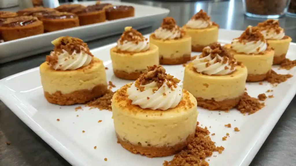 Create a vibrant and enticing image of finished Mini Biscoff Cheesecakes, beautifully plated and garnished with Biscoff spread and crushed cookies.
