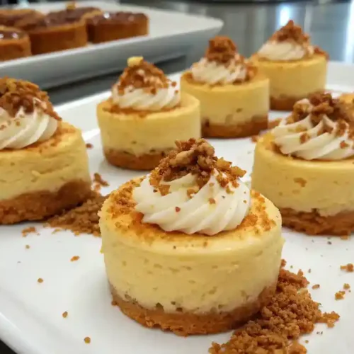 Create a vibrant and enticing image of finished Mini Biscoff Cheesecakes, beautifully plated and garnished with Biscoff spread and crushed cookies.