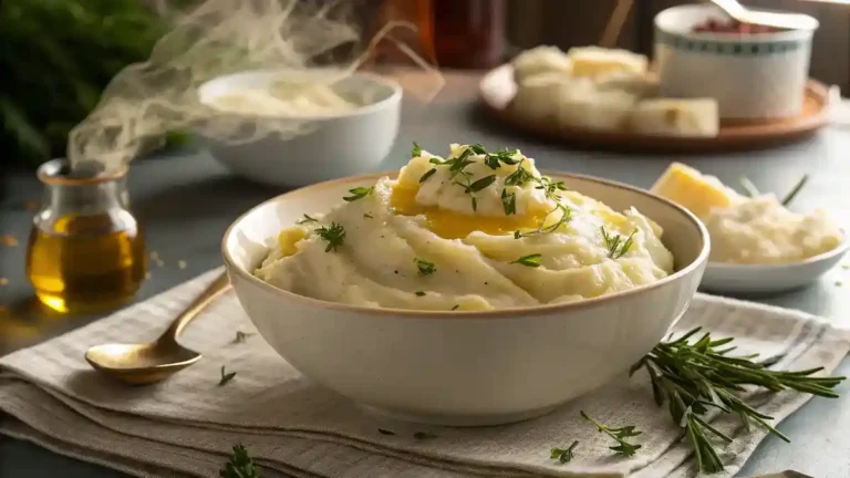 A bowl of fluffy real mashed potatoes garnished with butter and herbs.