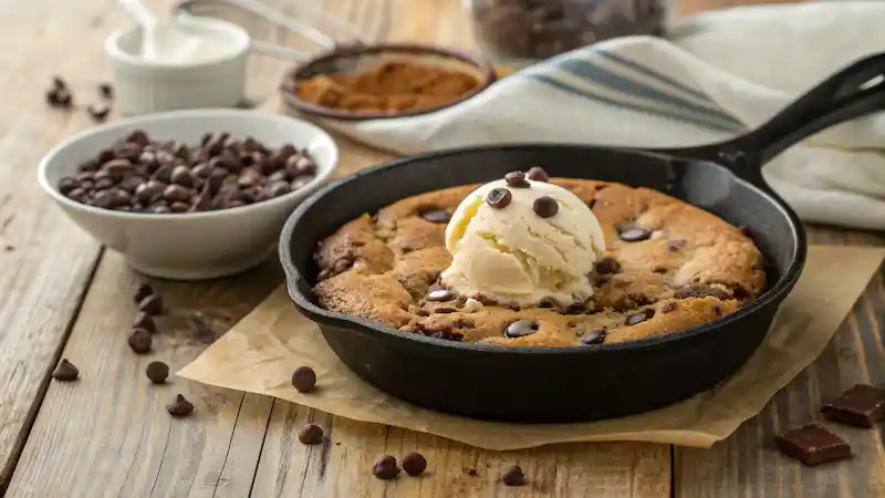 Freshly baked skillet cookie with ice cream