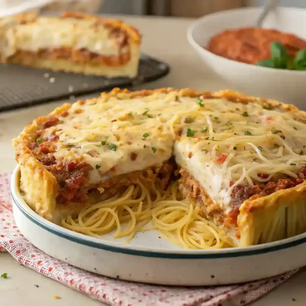 A beautifully baked Spaghetti Pie with a crispy crust, creamy filling, and melted cheese on top, served on a plate.