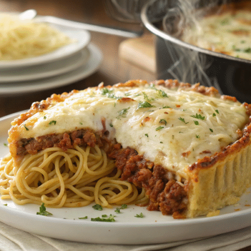 Slice of baked spaghetti pie with ground beef, marinara sauce, and melted cheese, served on a white plate.